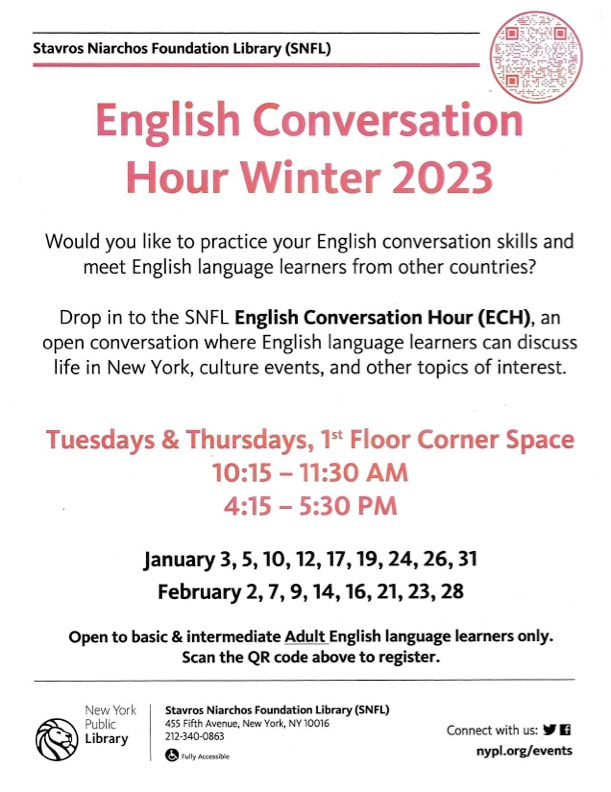 Picture of a link to NYC Library hosting classes for English practice